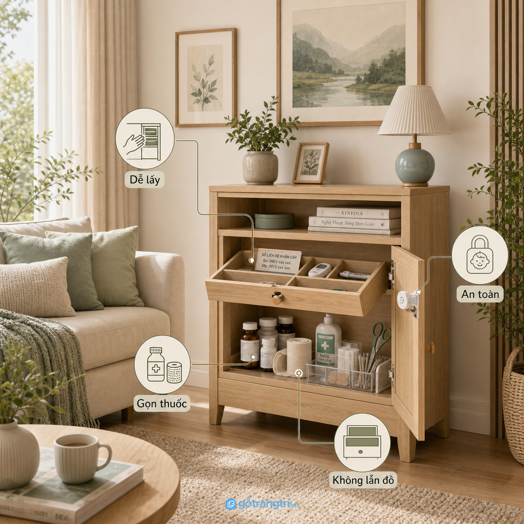 Tủ thuốc sơ cứu phòng khách nhỏ giúp thuốc băng gạc nhiệt kế và đồ cần dùng nhanh có chỗ cất riêng