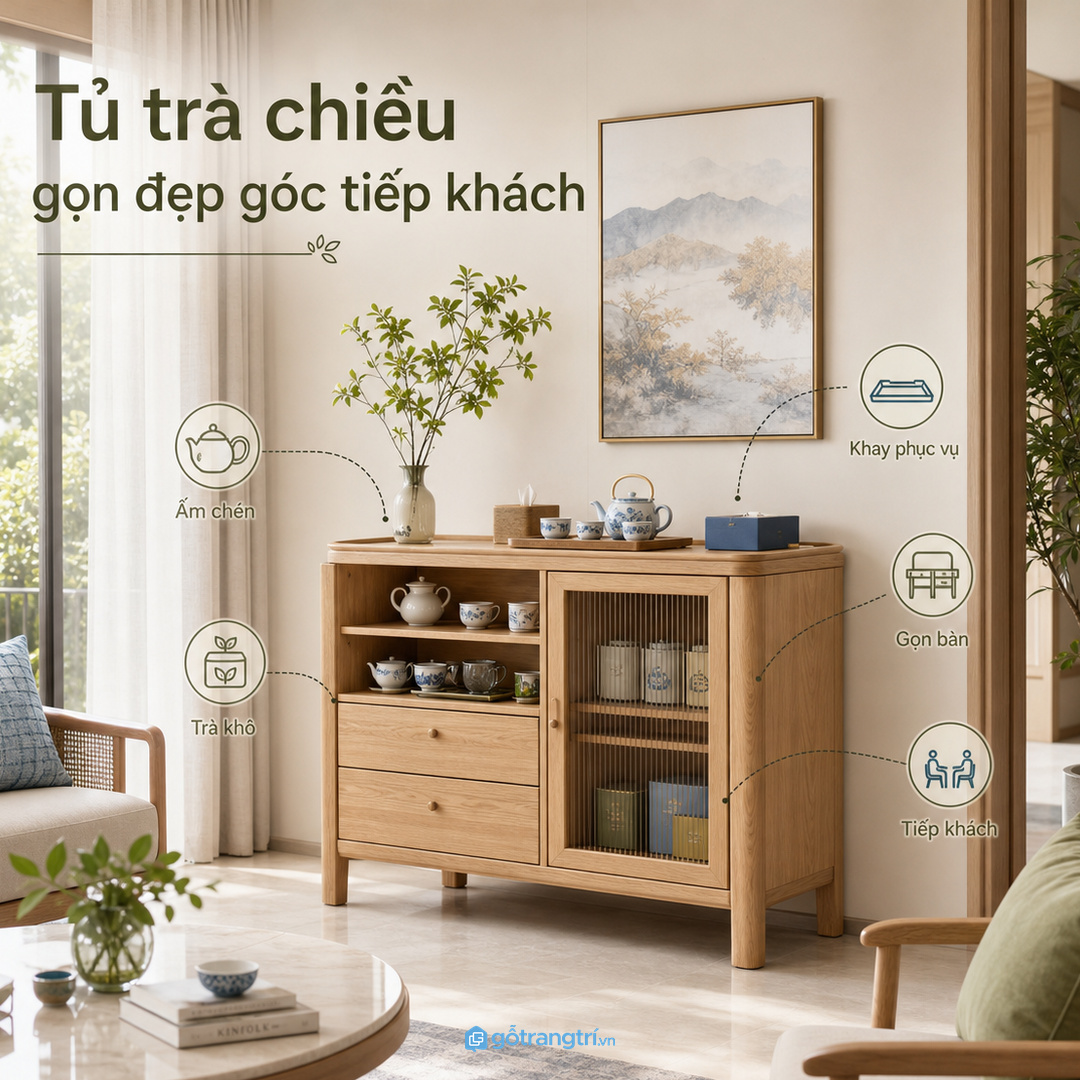 Tủ trà chiều giúp góc tiếp khách biệt thự gọn ấm chén và đẹp hơn