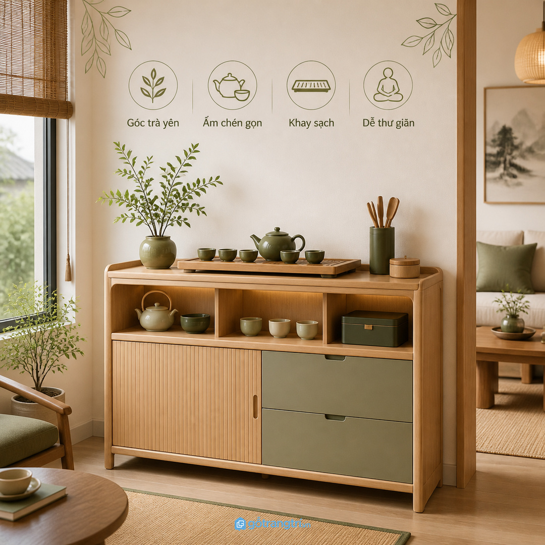 Tủ trà đạo phong thủy cho nhà nhỏ giúp góc trà yên, gọn ấm chén và dễ thư giãn