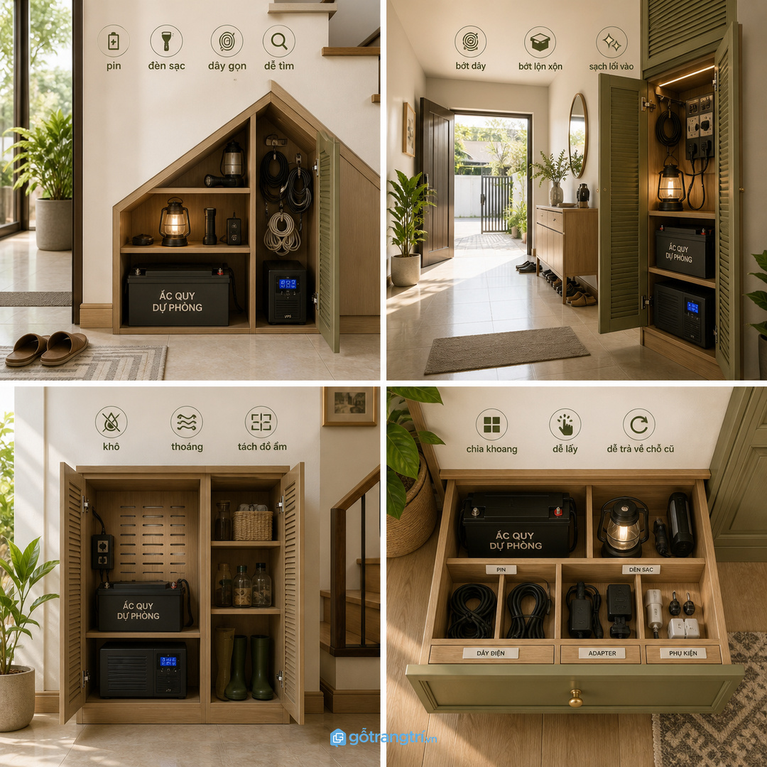Tủ trạm điện dự phòng giúp gom pin, đèn sạc và dây điện gọn hơn