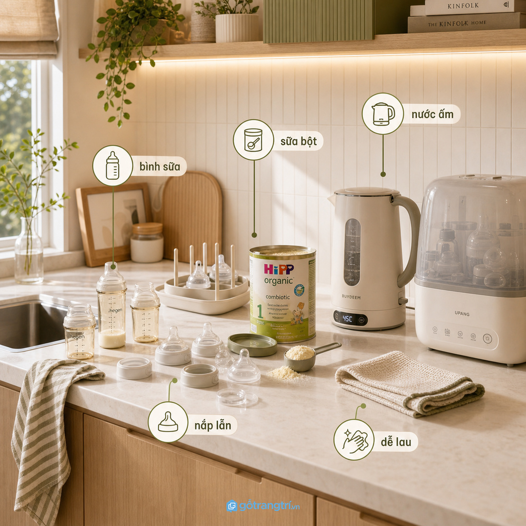 Tủ trạm pha sữa giúp gom bình sữa, sữa bột, nước ấm và khăn sạch vào một điểm gọn