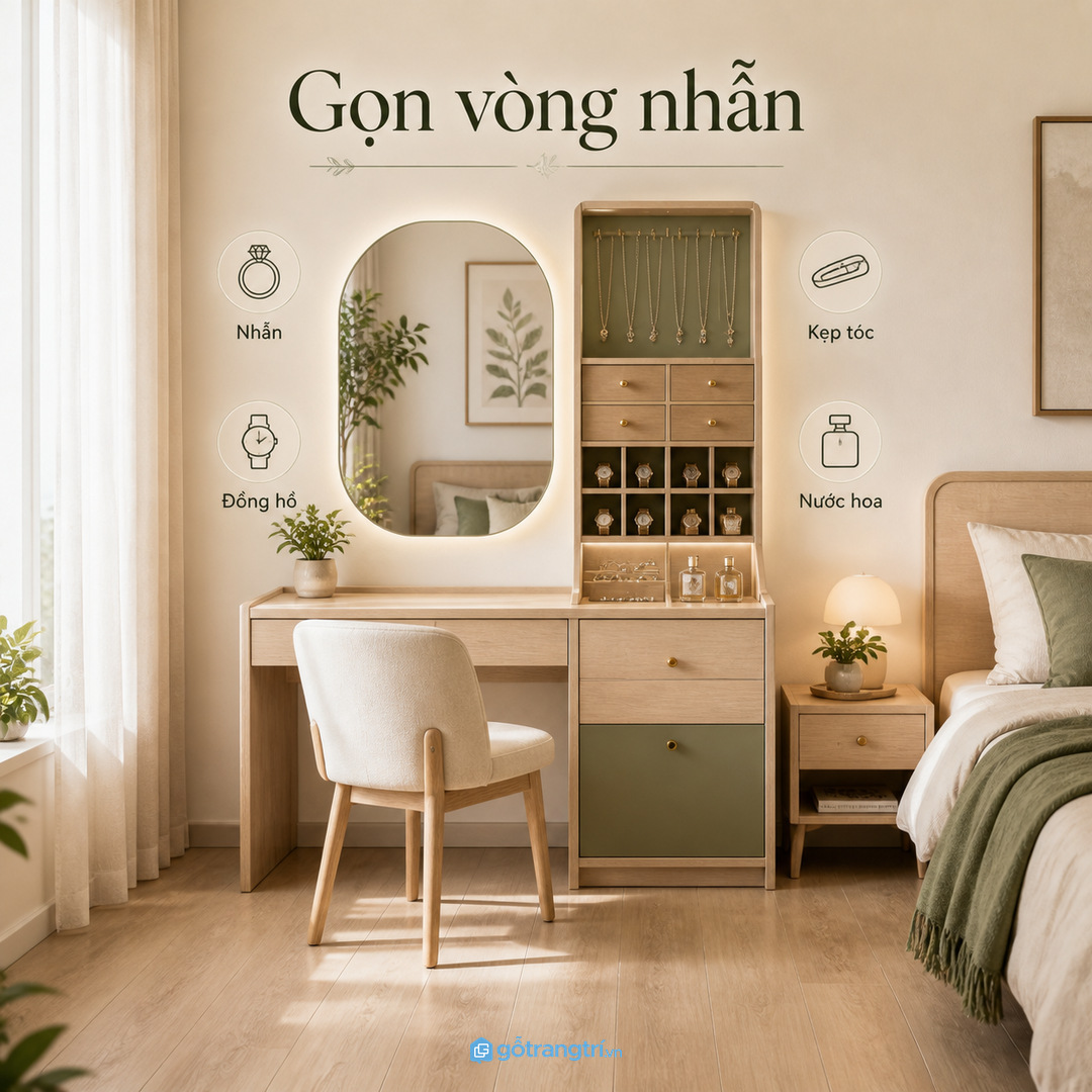 Tủ trang sức giúp gom phụ kiện nhỏ và giữ bàn phấn sạch hơn