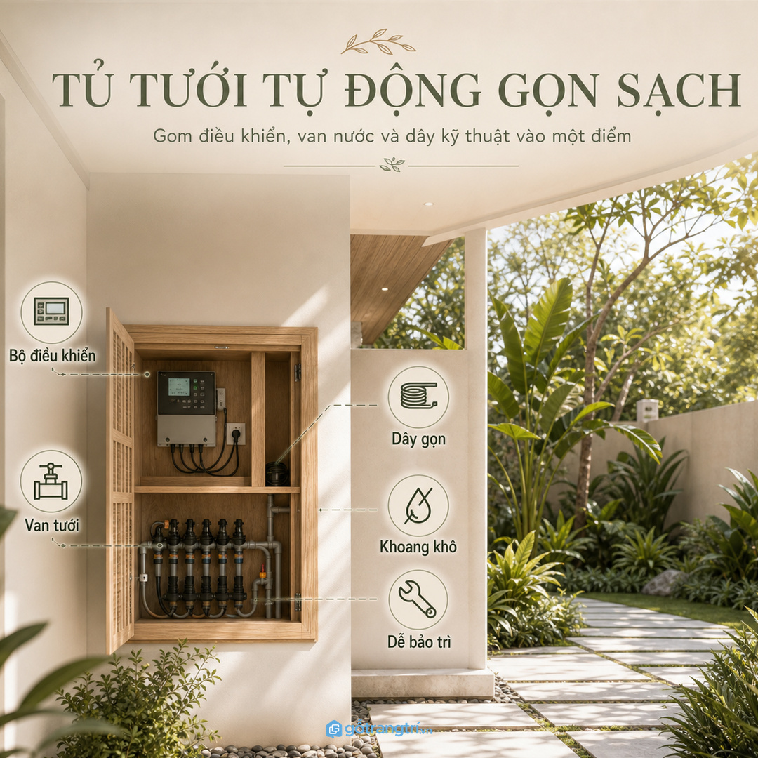 Tủ thiết bị tưới tự động giúp gom bộ điều khiển, van nước và dây kỹ thuật vào một điểm gọn sạch