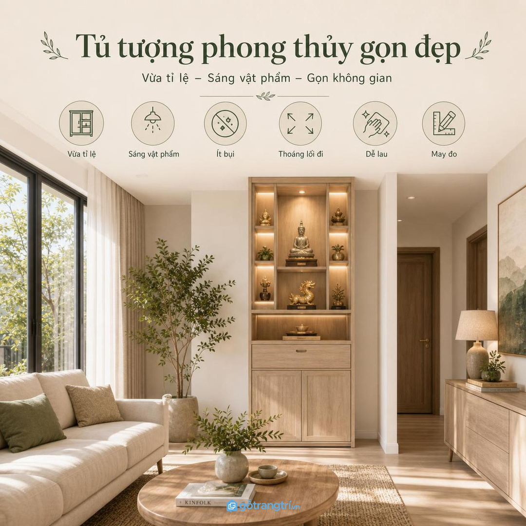 Tủ tượng phong thủy phòng khách nhỏ nên sáng vật phẩm, ít bụi và đúng tầm nhìn