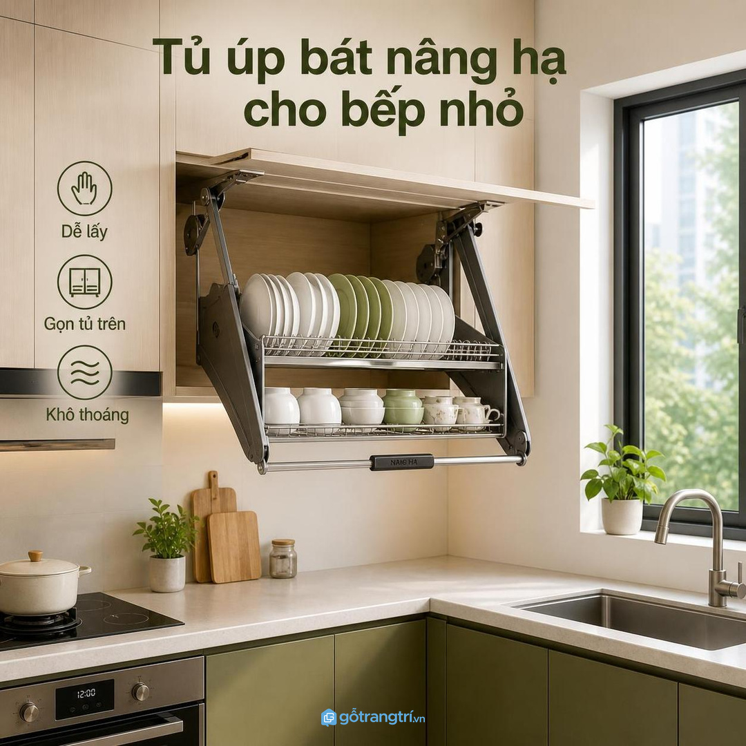 Tủ úp bát nâng hạ cho bếp nhỏ giúp bát đĩa gọn tủ trên và dễ lấy hơn
