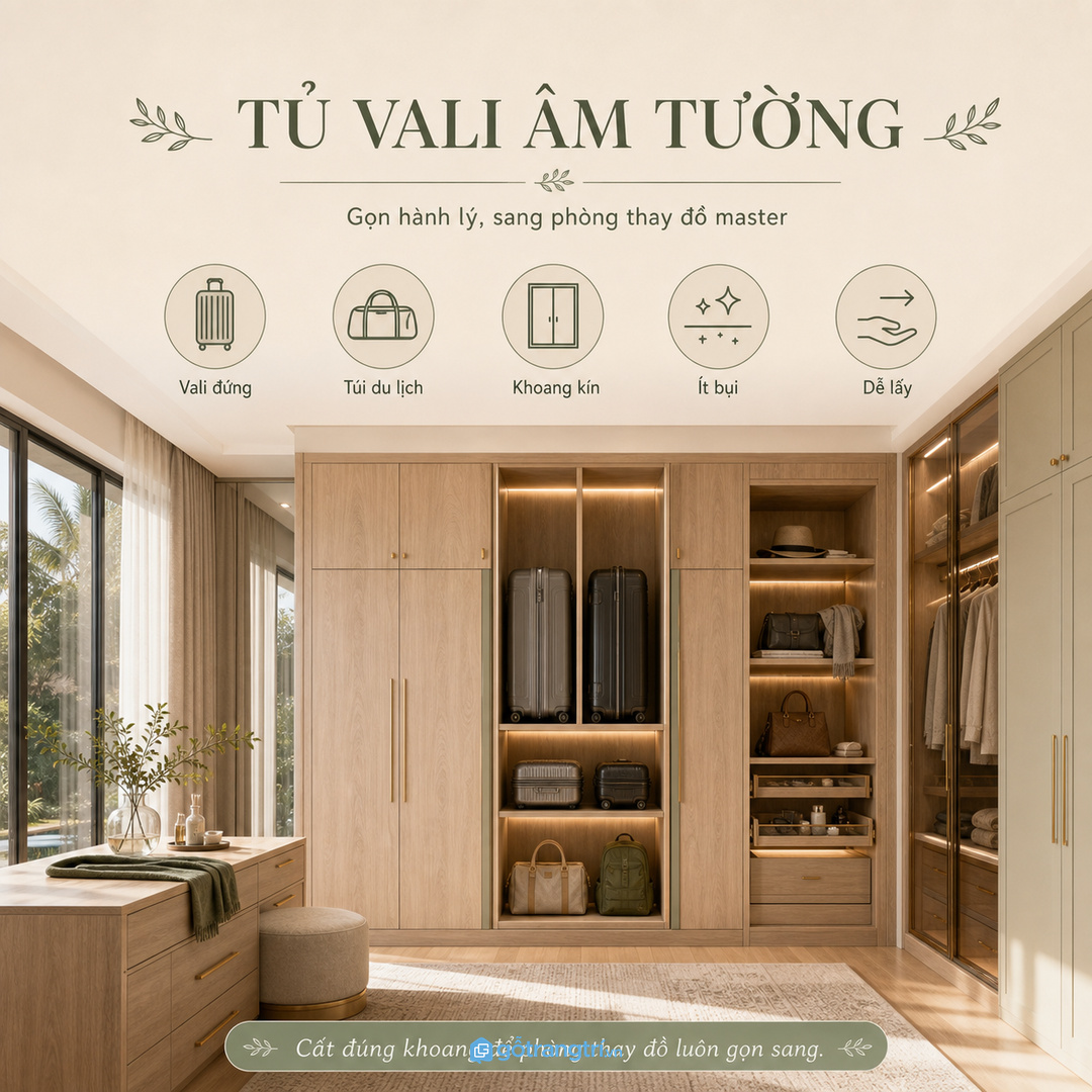 Tủ vali âm tường giúp phòng thay đồ master biệt thự gọn hành lý và sang hơn