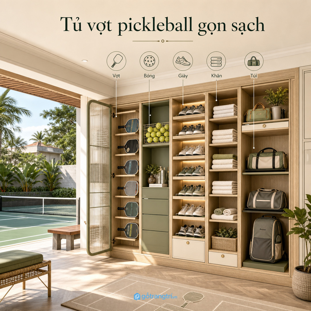 Tủ vợt pickleball sân thể thao biệt thự gom vợt bóng giày khăn túi và phụ kiện vào một điểm gọn sang