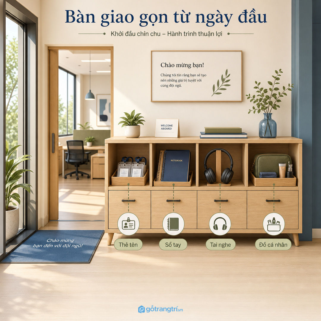 Tủ welcome kit giúp gom thẻ tên, sổ tay, tai nghe và đồ cá nhân vào một điểm bàn giao gọn.