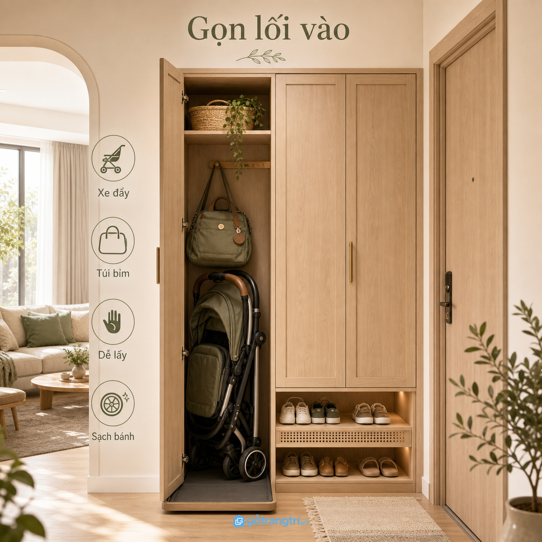 Tủ xe đẩy em bé giúp lối vào chung cư nhỏ gọn hơn mỗi lần ra ngoài
