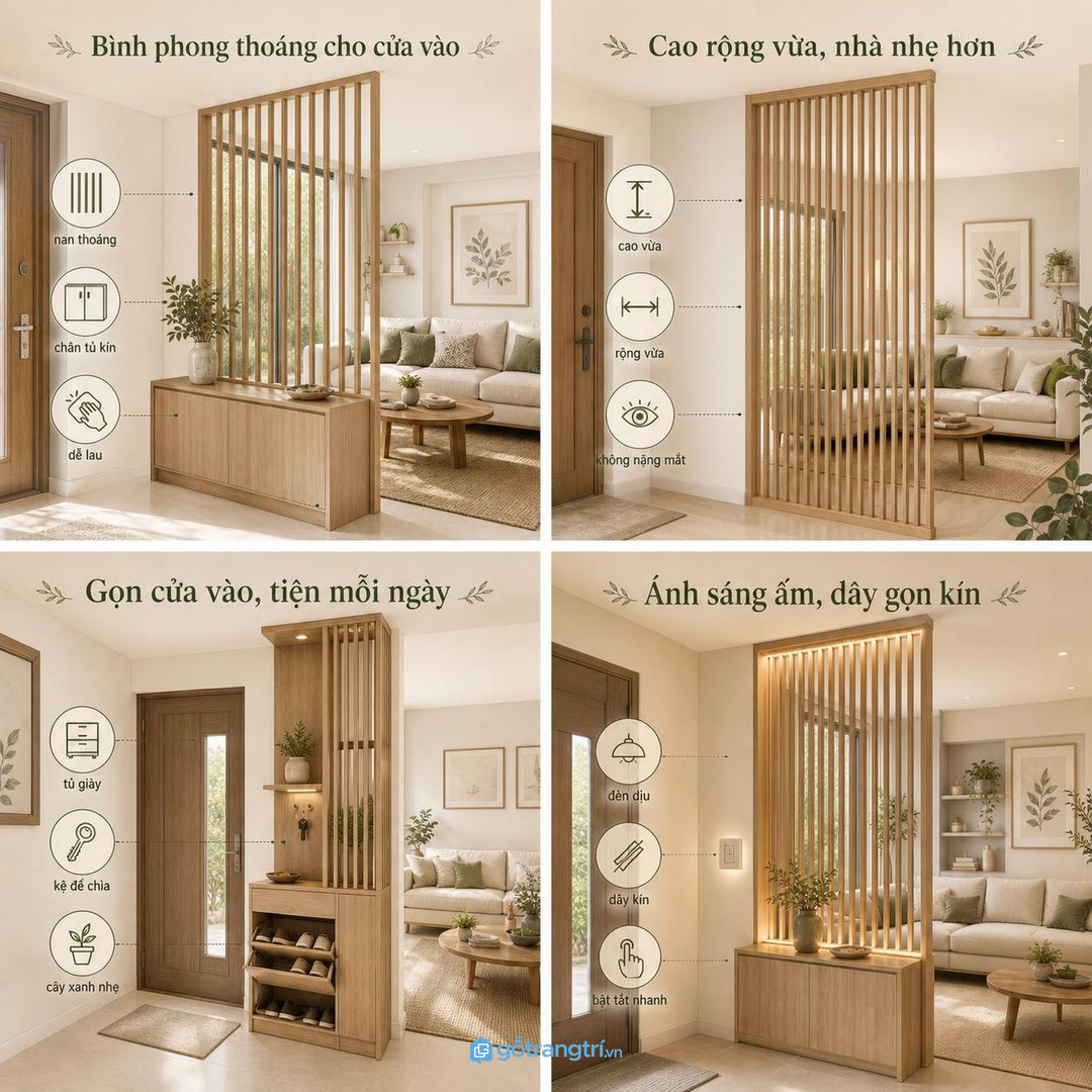 Vách bình phong phong thủy cửa chính nhà phố nhỏ giúp che nhẹ mà vẫn thoáng