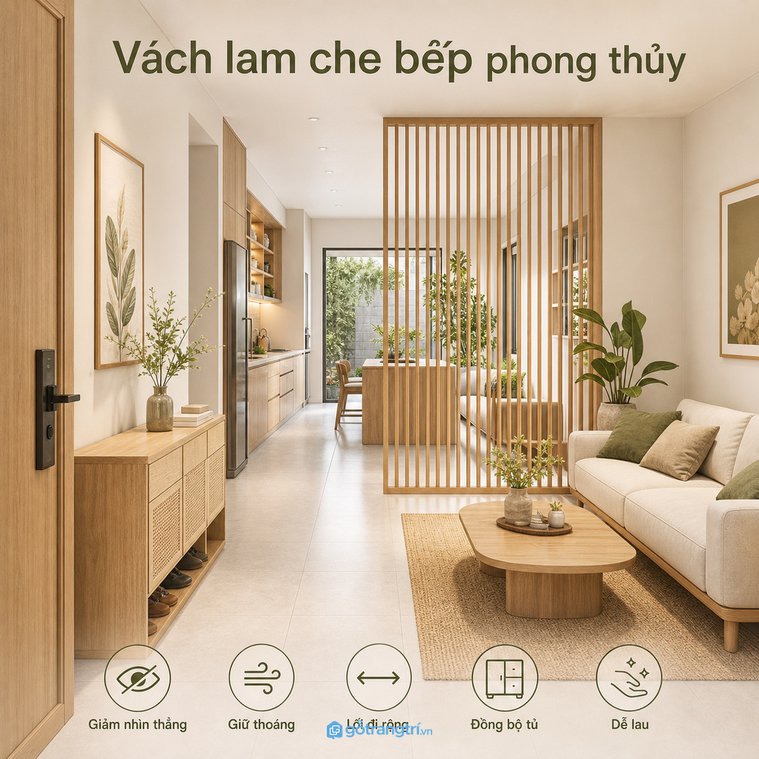 Vách lam che bếp phong thủy giúp giảm nhìn thẳng từ cửa chính mà nhà phố nhỏ vẫn thoáng