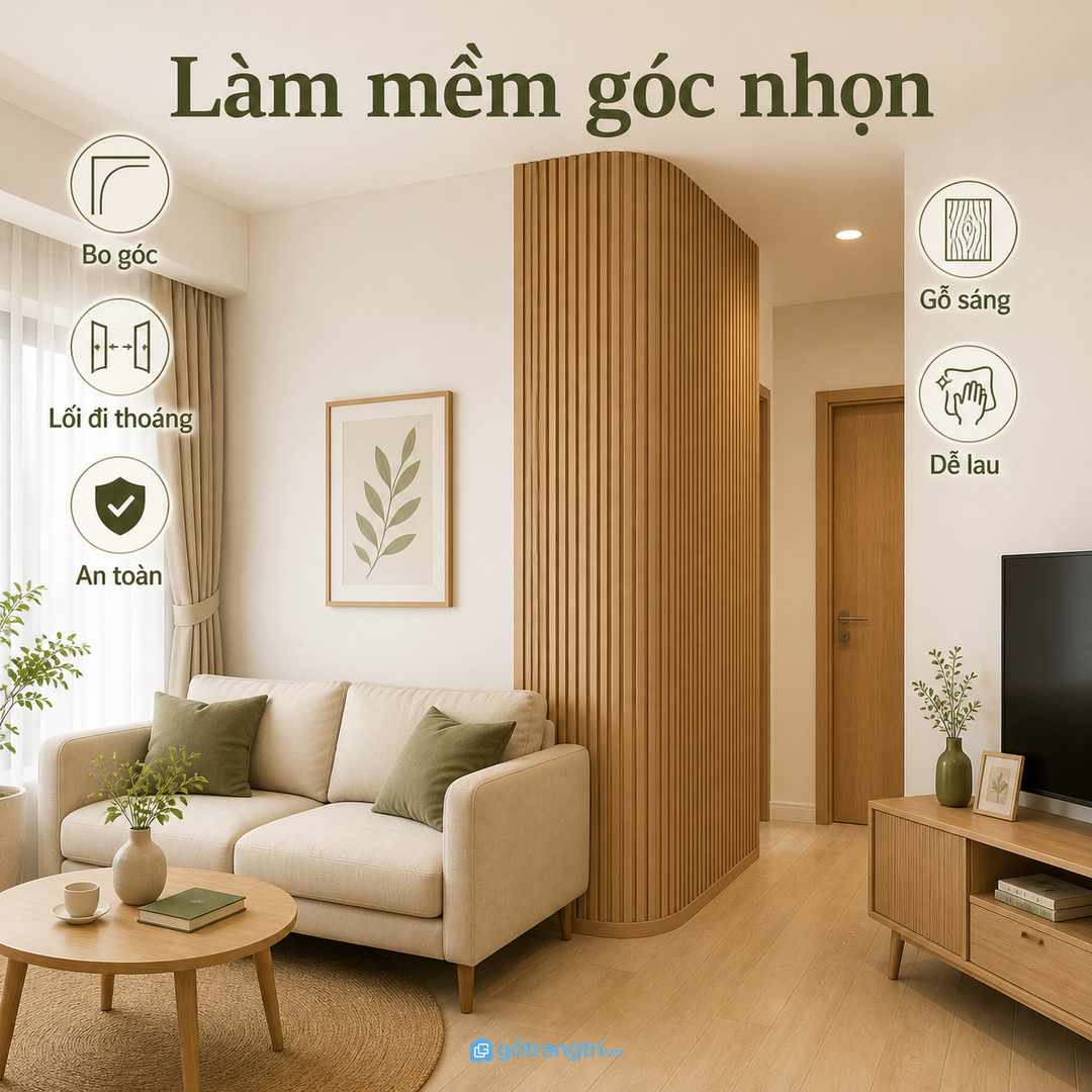 Vách lam che góc nhọn phong thủy giúp phòng khách nhỏ mềm hơn và dễ đi lại