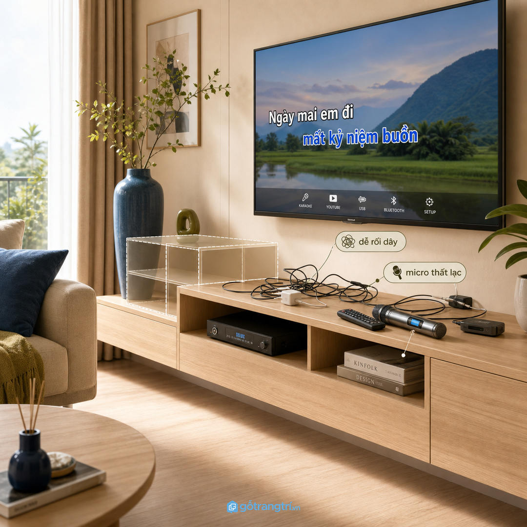 Bộ karaoke mini nhỏ nhưng dễ làm kệ tivi nhanh rối dây