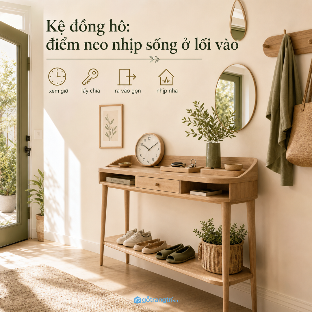 Kệ đồng hồ là điểm neo nhịp sống ở lối vào nhà nhỏ