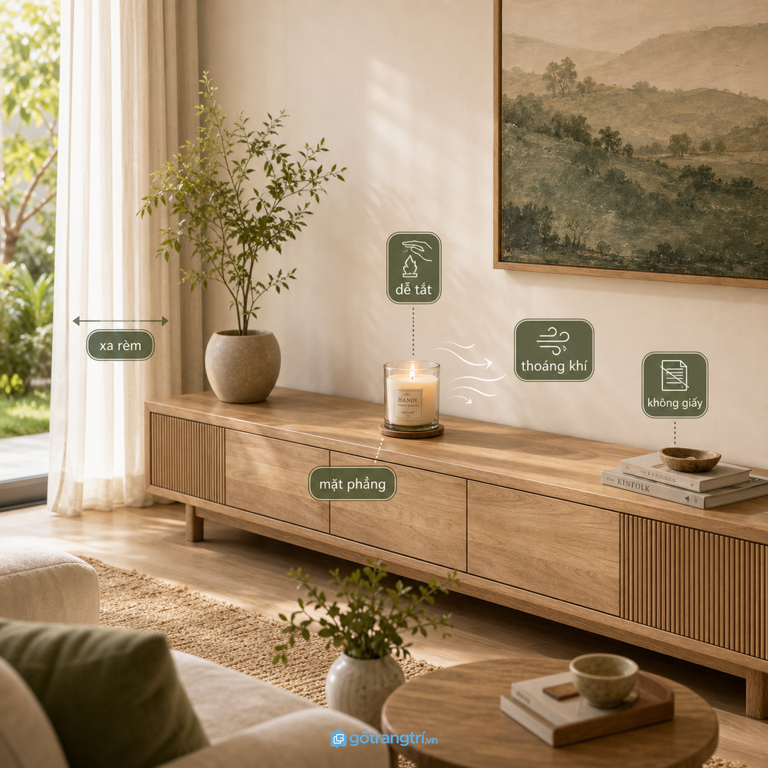 Góc nến tạo điểm neo ấm cho phòng khách nhỏ