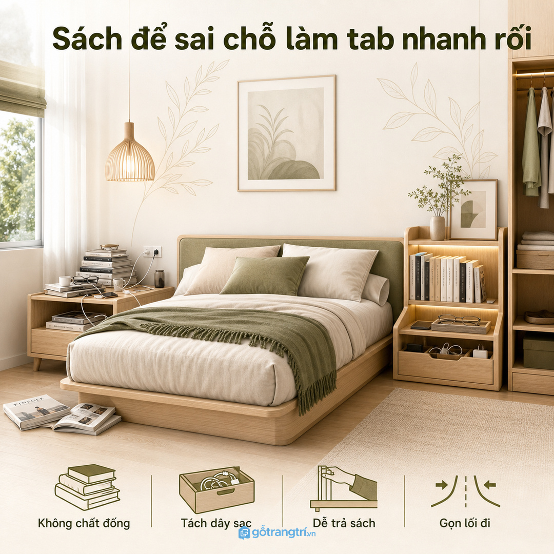 Sách đọc dở và dây sạc dễ làm tab đầu giường rối trước giờ ngủ