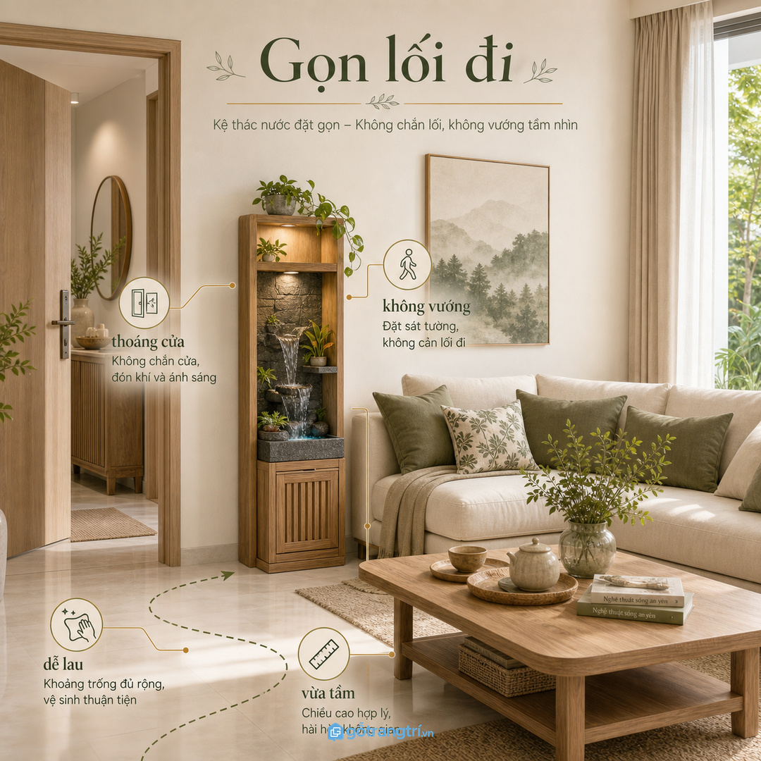 Vị trí đặt kệ cần giữ lối đi thoáng và không làm cửa bị vướng