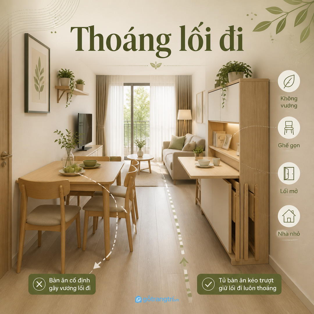 Bàn ăn cố định dễ làm lối đi căn hộ nhỏ bị chật sau vài tuần sử dụng