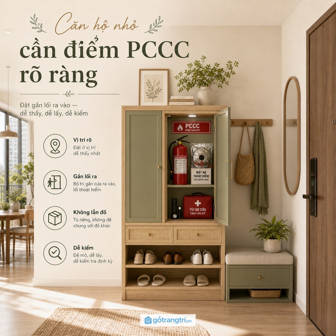 Căn hộ nhỏ cần điểm PCCC rõ ràng thay vì để bình chữa cháy lẫn trong tủ kho