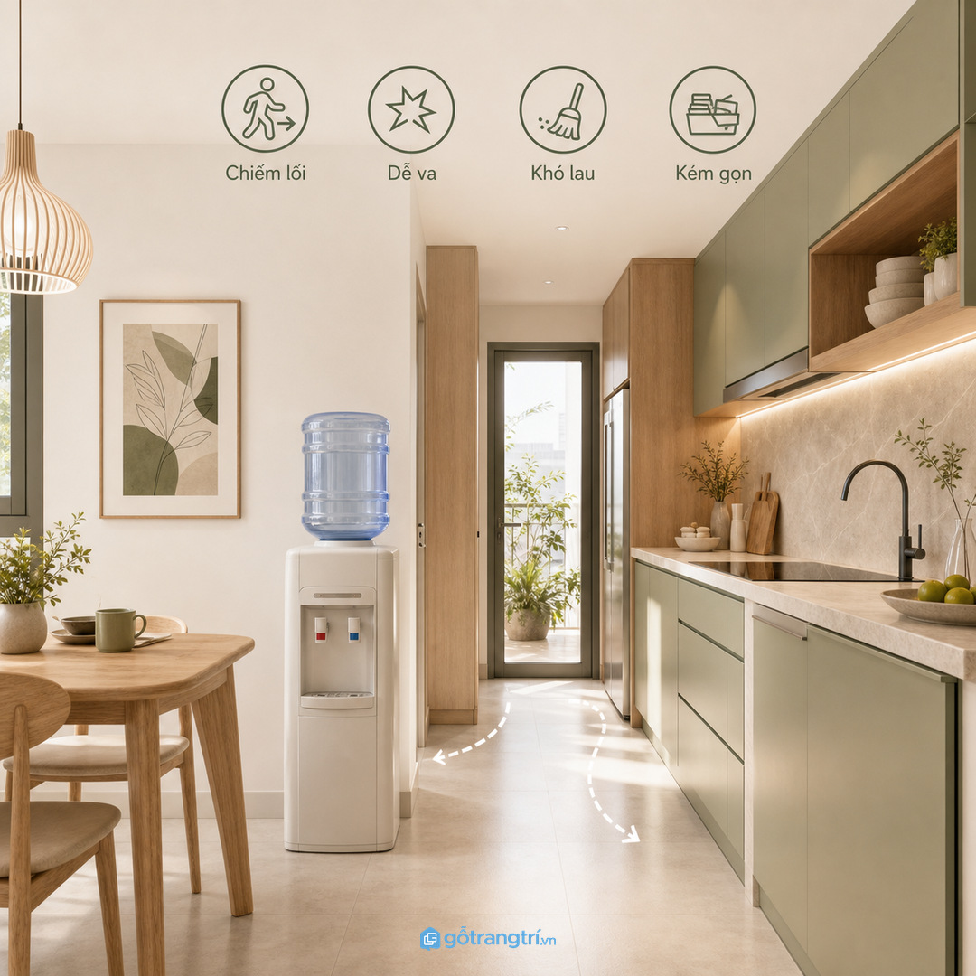 Bình nước đứng ngoài dễ chiếm lối di chuyển trong bếp nhỏ