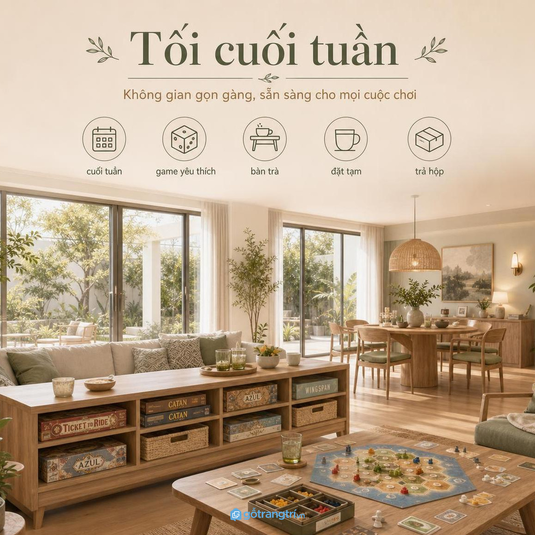 Hộp game để rải ở sofa, bàn trà và kệ tivi khiến phòng khách nhà phố nhỏ nhanh rối