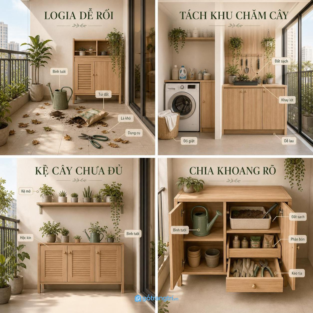 Bình tưới đất sạch phân bón và kéo tỉa để rải rác làm logia nhanh rối
