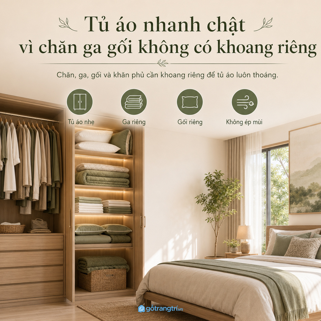 Tủ áo nhẹ hơn khi chăn ga gối có khoang cất riêng