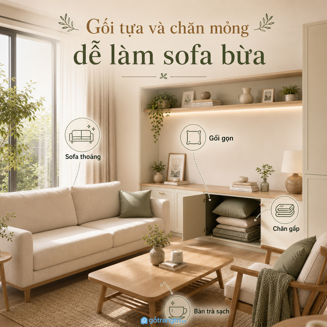 Gối tựa và chăn mỏng để lộ làm sofa nhanh bừa