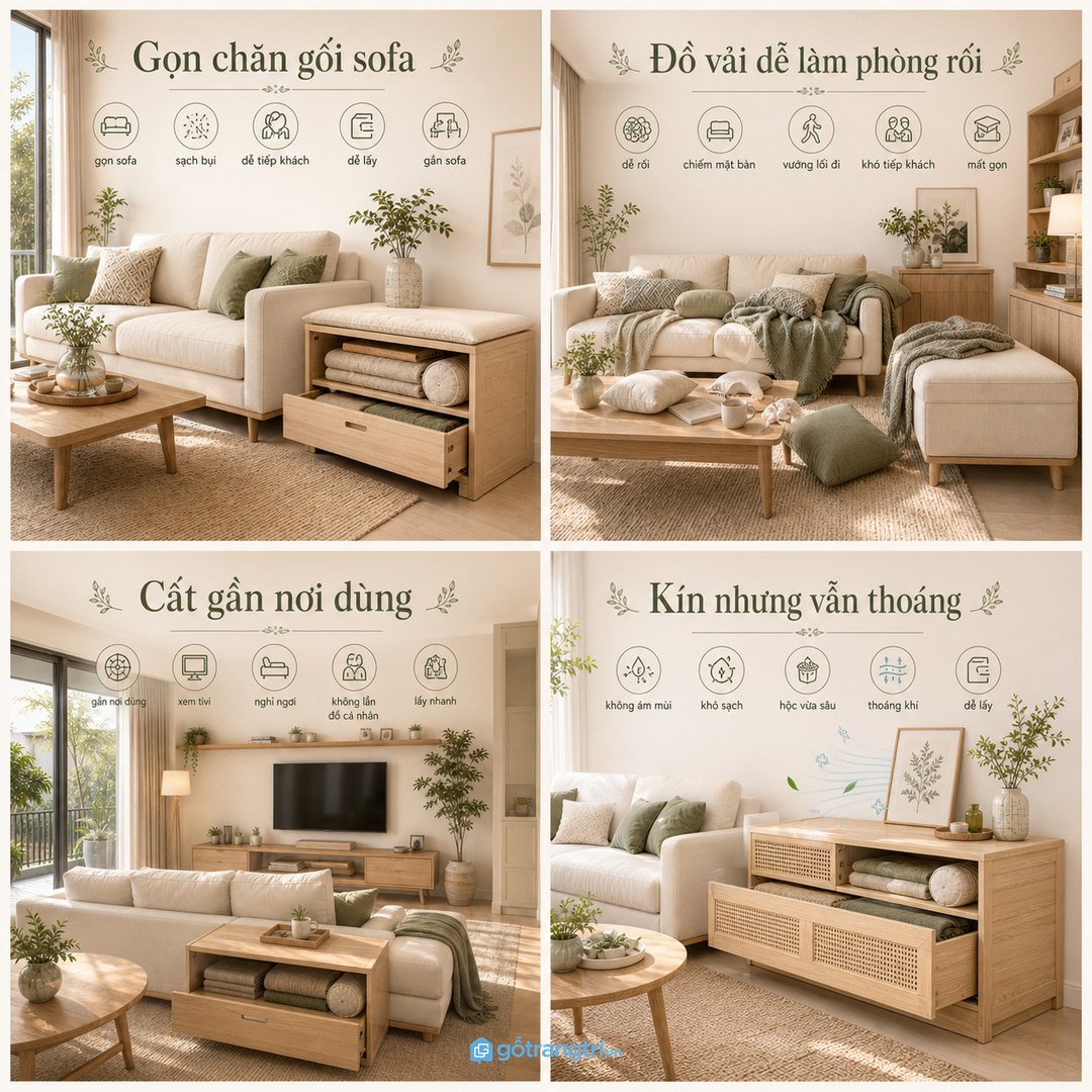 Chăn mỏng và gối ôm để lộ trên sofa dễ làm phòng khách nhỏ mất gọn
