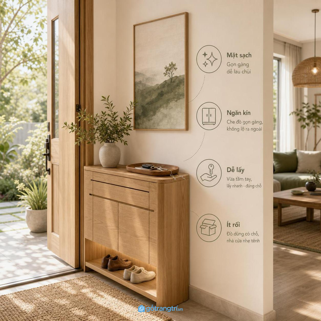 Lối vào là nơi dễ tụ đồ vặt nhất trong nhà nhỏ