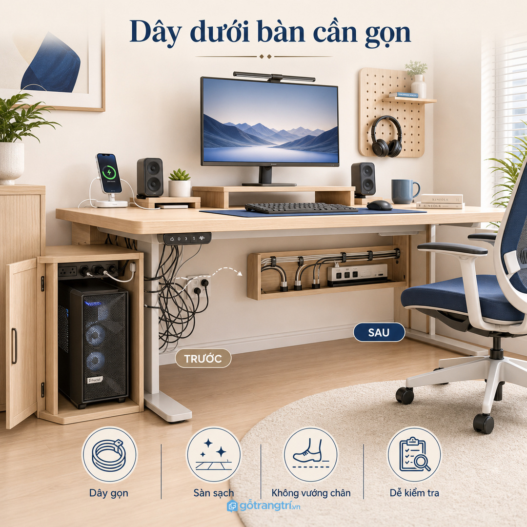 Dây điện dưới bàn cần được gom gọn để văn phòng sạch và dễ lau hơn