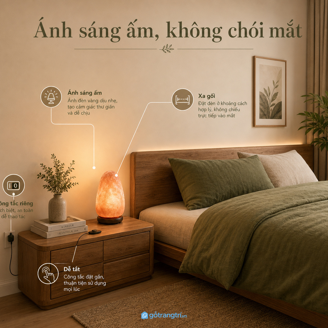 Ánh sáng đá muối cần dịu mắt và không chiếu thẳng vào gối
