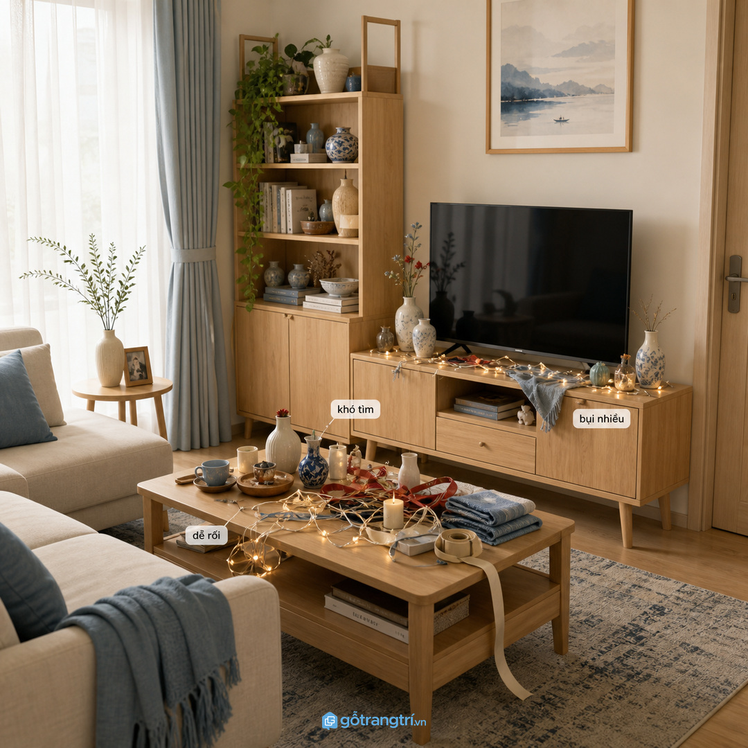 Đồ trang trí theo mùa nếu không có chỗ cất rất dễ rải trên bàn trà và kệ tivi.