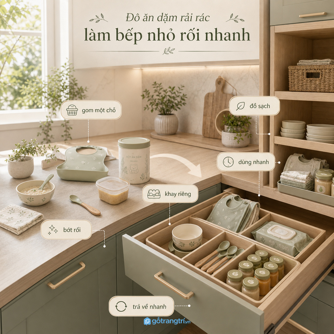 Đồ ăn dặm rải rác làm bếp nhỏ rối nhanh