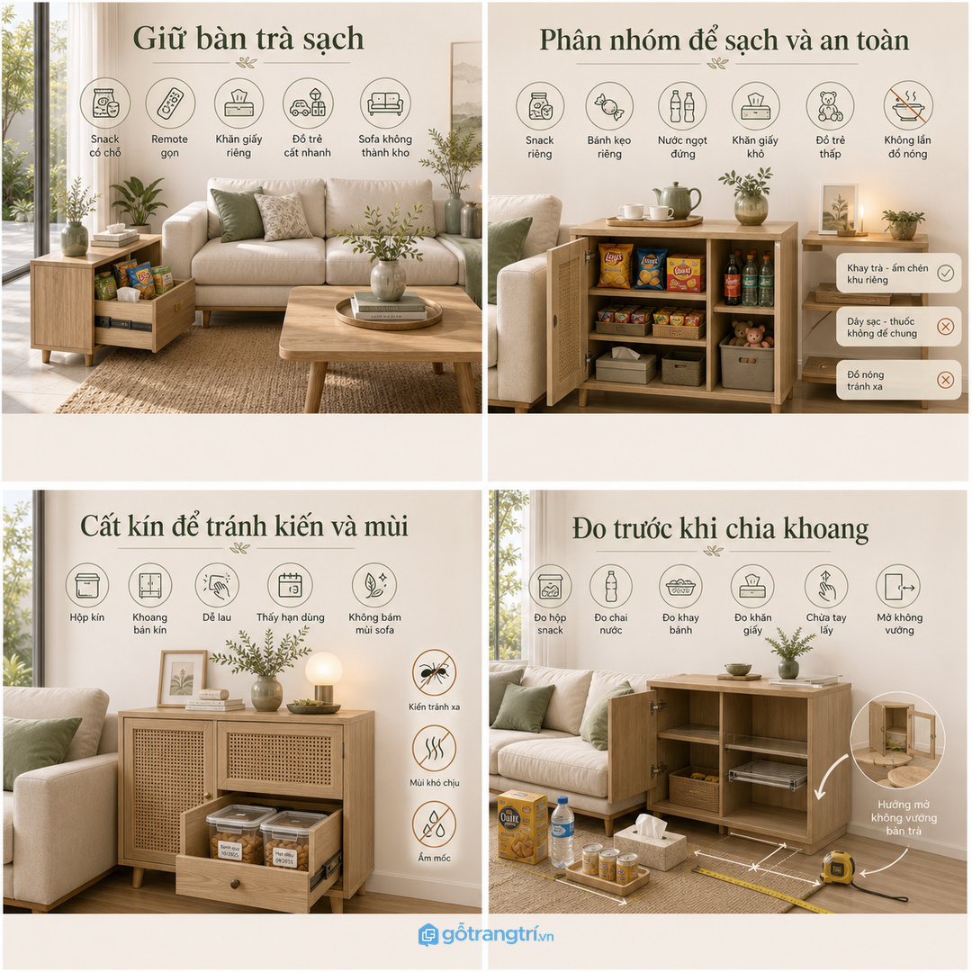 Tủ đồ ăn vặt giữ bàn trà sạch và không biến sofa thành kho nhỏ