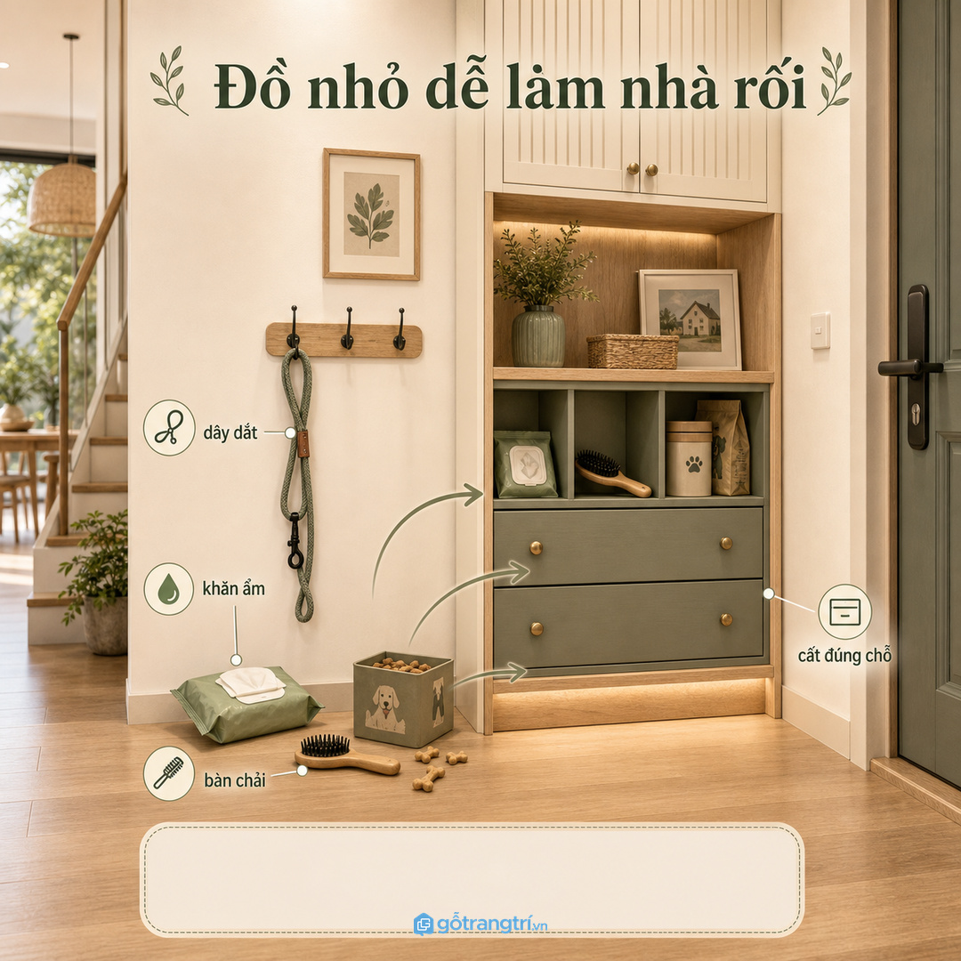 Khăn lau chai xịt và túi rác để rải rác khiến lối vào nhà phố nhanh bừa