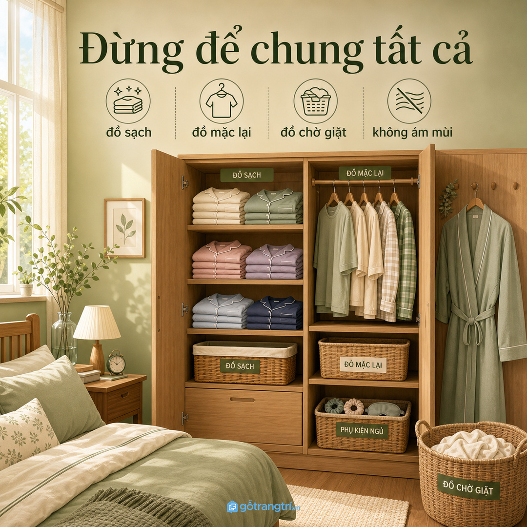 Đồ ngủ để lẫn quần áo đi làm khiến tủ áo nhanh rối và khó giữ cảm giác nghỉ ngơi