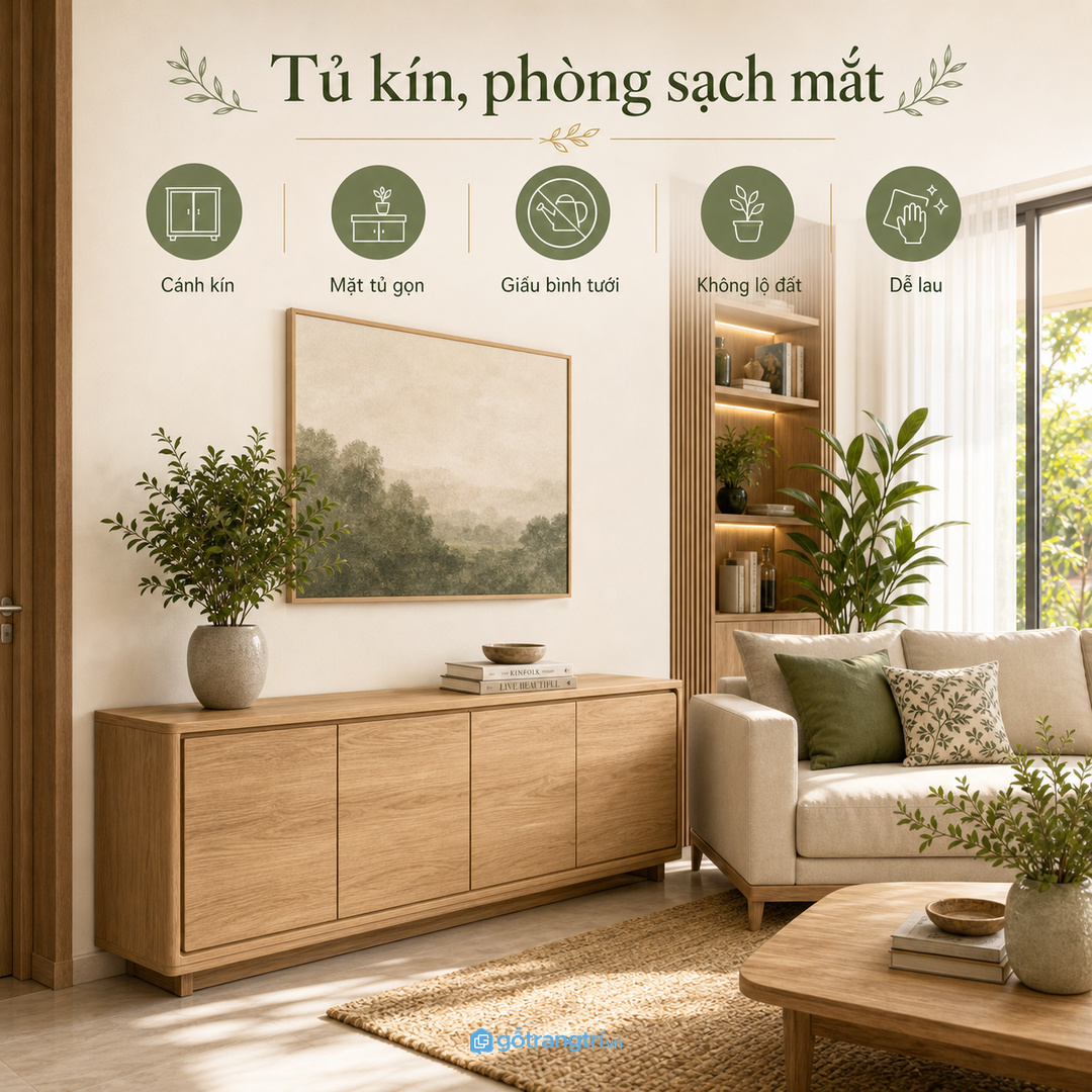 Góc cây cần chỗ cất riêng để bình tưới, khăn lau và kéo tỉa không nằm rải rác.