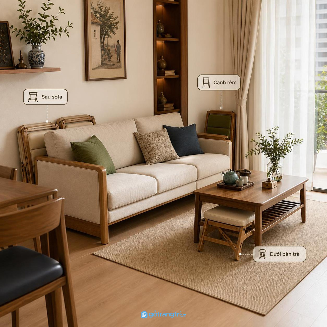 Ghế dự phòng hay bị đặt tạm sau sofa, cạnh rèm hoặc dưới gầm bàn trà