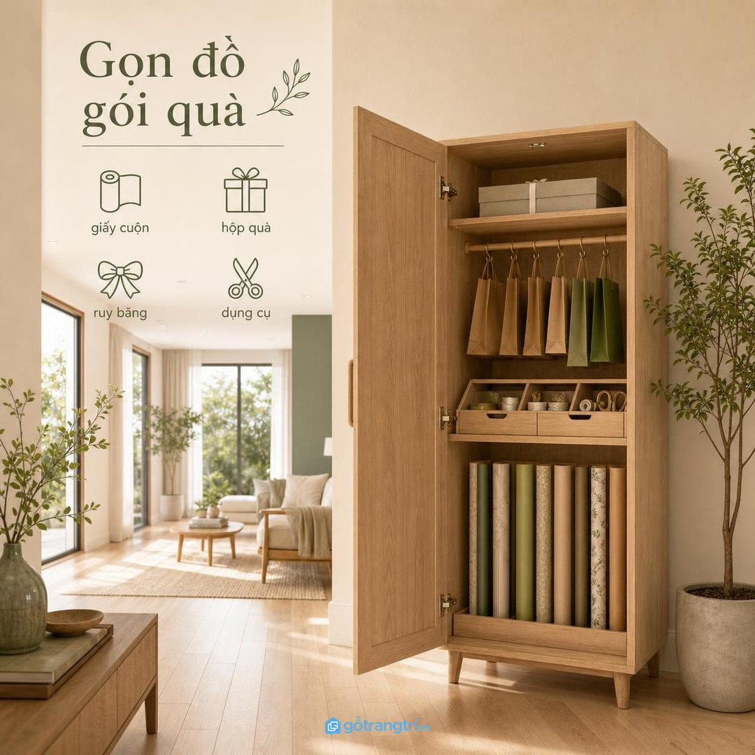 Giấy cuộn và hộp quà dễ móp nếu để rải rác trong phòng khách
