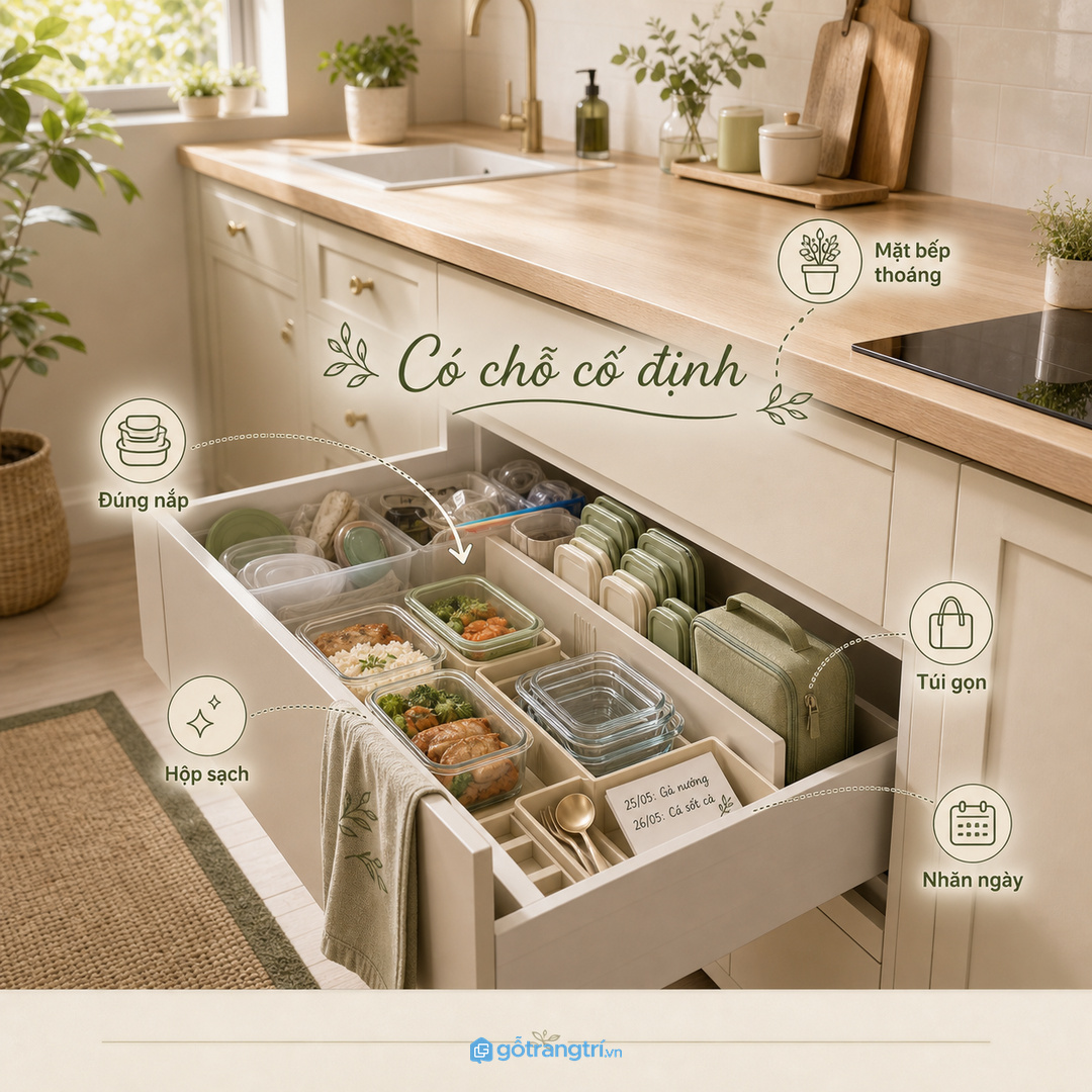Hộp cơm không có chỗ cố định làm bếp nhỏ rối nhanh