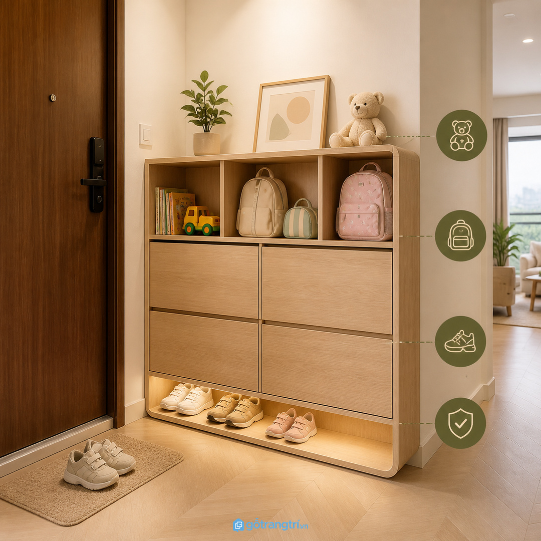 Góc cửa vào cần tách giày dép, balo và đồ chơi để căn hộ không rối ngay từ lối đi