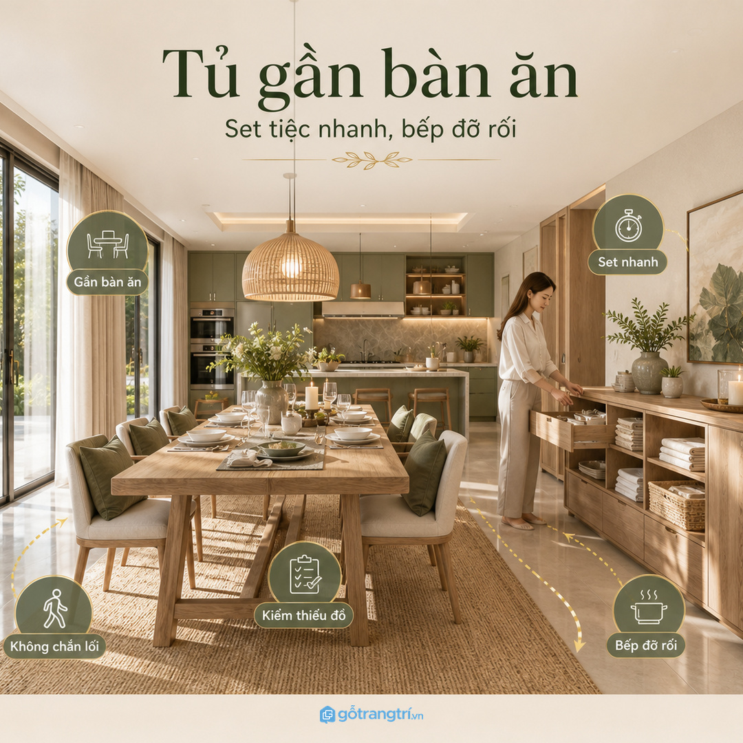 Đặt tủ gần bàn ăn để chuẩn bị bữa tiệc không phải chạy qua bếp