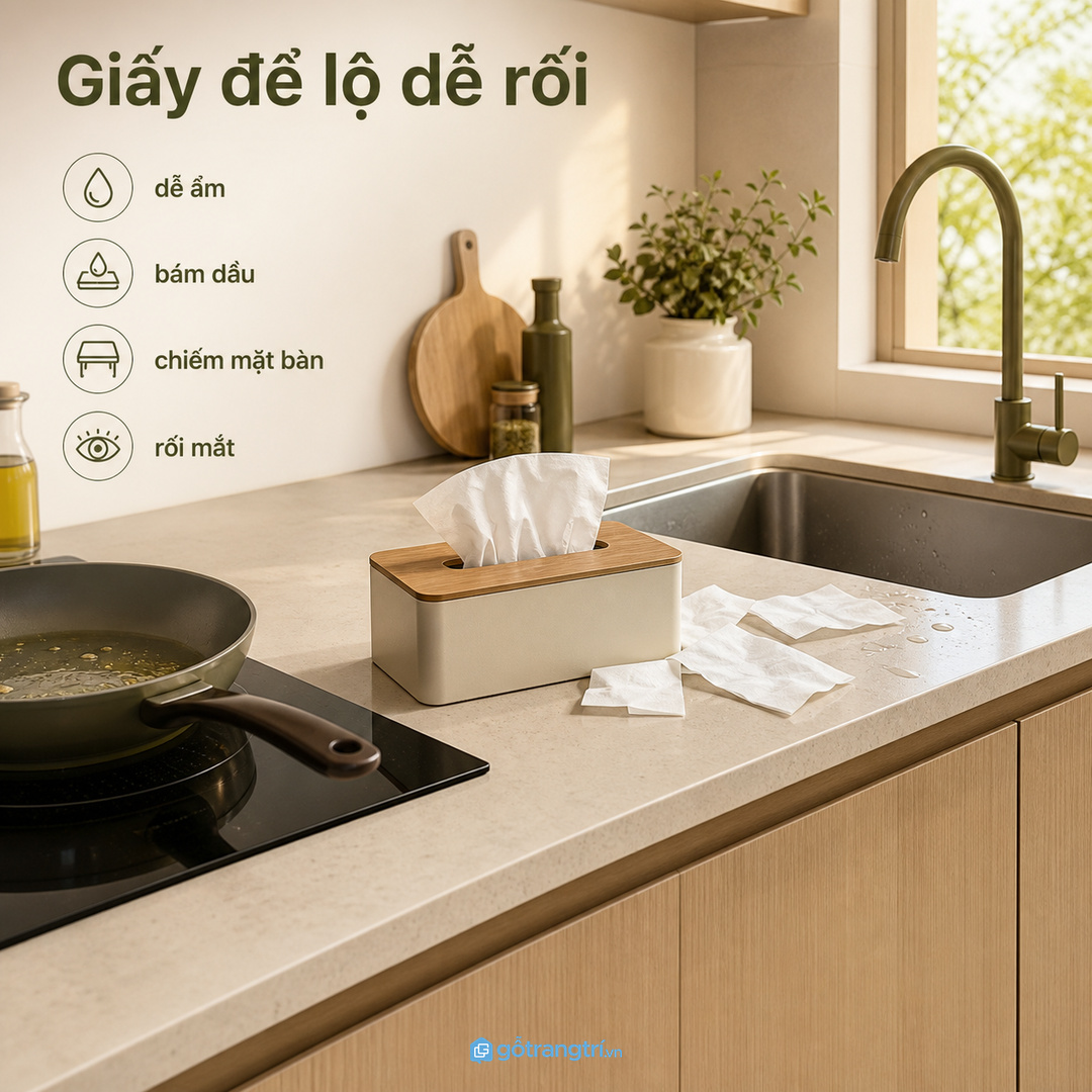 Khăn giấy để lộ trên mặt bếp dễ ẩm, bám dầu và làm khu nấu rối mắt