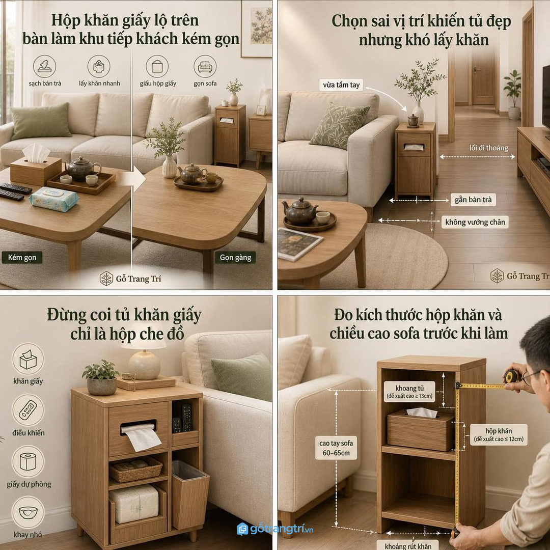 Bàn trà sạch hơn khi hộp khăn giấy không nằm lộ giữa phòng khách