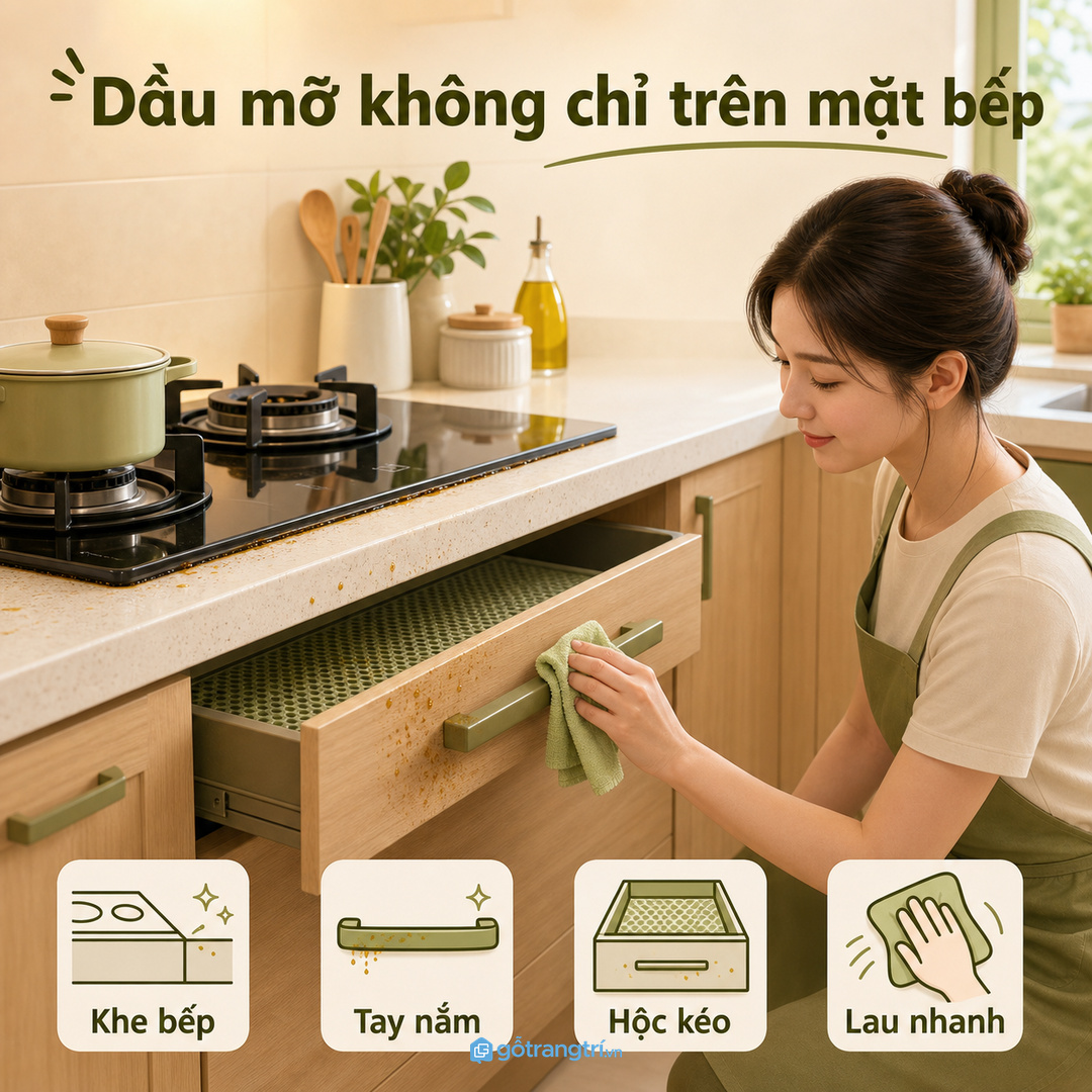 Dầu mỡ không chỉ nằm trên mặt bếp mà còn bám xuống khe, tay nắm và hộc tủ