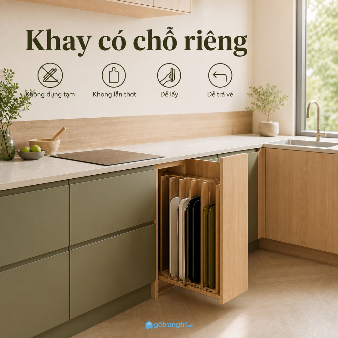 Khay để sai chỗ làm mặt bếp chật và dễ lẫn với thớt, nắp nồi
