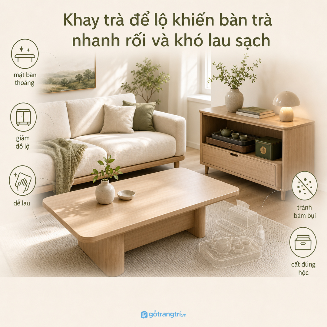 Khay trà để lộ khiến bàn trà nhanh rối và khó lau sạch
