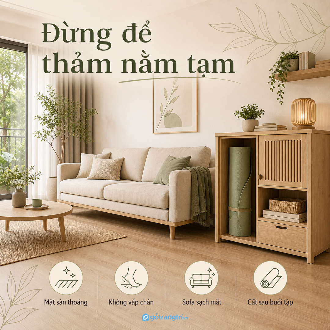 Thảm yoga để lộ khiến phòng khách nhanh rối và dễ vướng chân