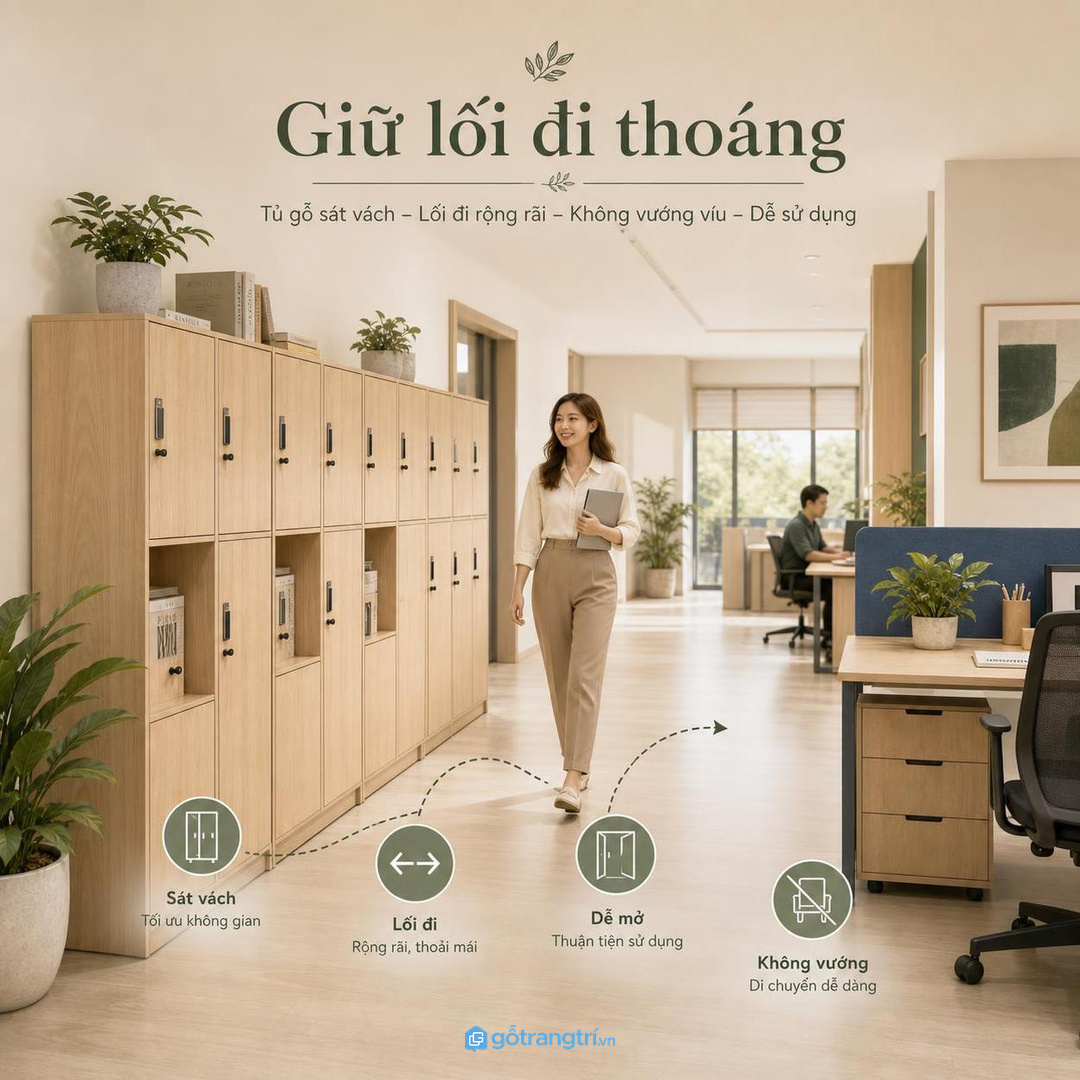Đặt tủ locker sát vách giúp văn phòng nhỏ giữ lối đi thông thoáng